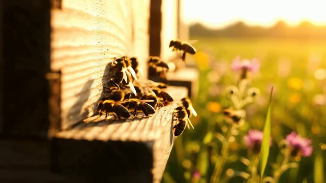 Honeybees Busy Working at Their Hive Entrance in Golden Sunset Light with Wildflowers