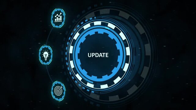 Futuristic hud element with the word update in a glowing blue circle on a dark, digital background. Business, Technology, Internet and network concept.