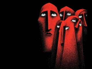 Surreal red figures with eyes on dark background