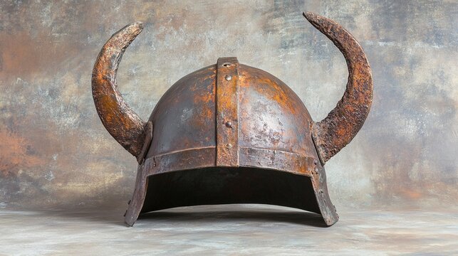 passphrase. Damaged Viking helmet with battle scars and dents, metallic texture. event programs, museum guides, designed for cultural heritage projects and event programs.