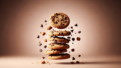 A delightful stack of chocolate chip cookies suspended in mid-air, with crumbs artfully scattered around