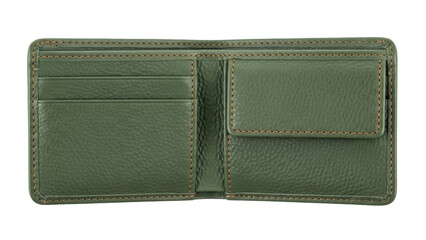 Isolated green leather wallet with pockets and compartments ready for currency and cards