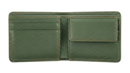 Isolated green leather wallet with pockets and compartments ready for currency and cards