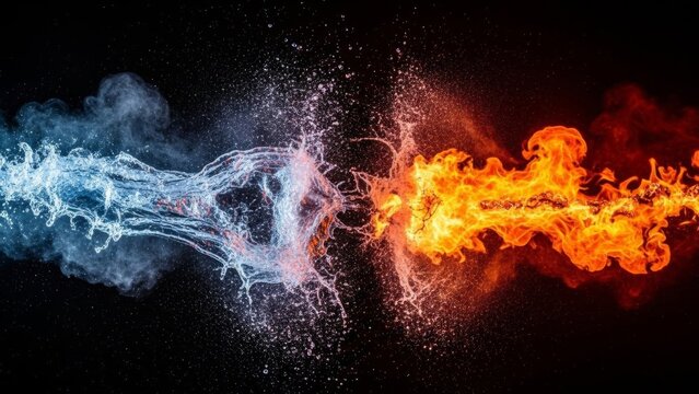 Dynamic collision of vibrant blue water and fiery red flame elements against a dark background.