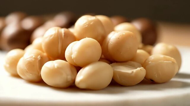 Close Up Macro Shot of a Pile of Shelled Macadamia Nuts on a White Marble Surface
