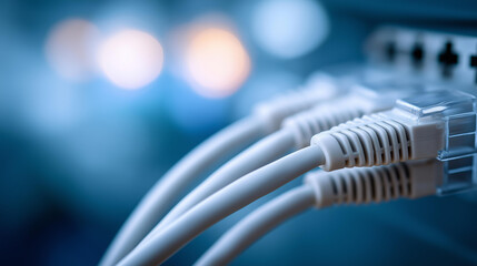 Faceless lots of LAN internet network cable fiber optic and Ethernet cables with computer icons data link connect cloud computing server networking devices, defocused cables, with