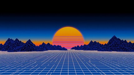 Retro sunset over a wireframe landscape with mountains and horizon