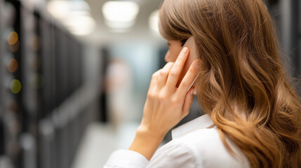 Faceless computer scientist lady answering cellphone call talking at datacenter closeup, IT professional communication, technology facility work, defocused person on phone, with co