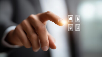 API application programming interface connect services on internet and allow network data communication, faceless software engineer touching concept for IoT cloud computing, defocu