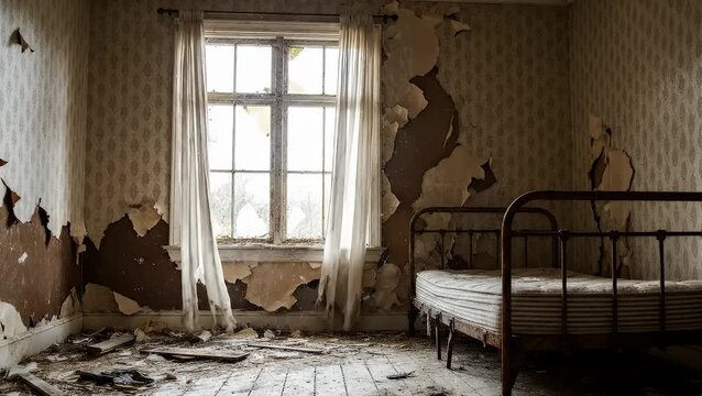 Abandoned bedroom interior with peeling wallpaper and rusty bed