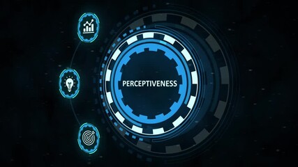 Abstract futuristic hud element with the word perceptiveness in a digital interface on a dark background. Business, Technology, Internet and network concept. - Powered by Adobe