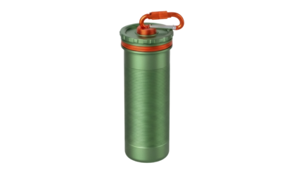 Isolated metallic green container with orange carabiner clip on top, equipment for outdoor use