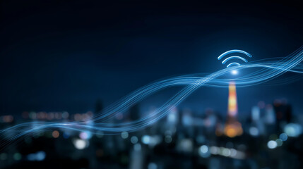 Smart city and big data connection technology concept with digital blue wavy wires with antennas on night megapolis city skyline background double exposure, urban connectivity, wit