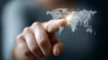 Faceless hand pointing to world map hologram with internet data connected to global network, international connectivity visualization, worldwide digital infrastructure, defocused h