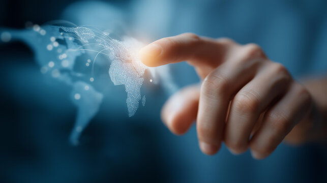 Faceless hand pointing to world map hologram with internet data connected to global network, international connectivity visualization, worldwide digital infrastructure, defocused h - Powered by Adobe