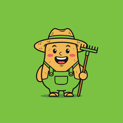 Obraz premium Cute Cartoon Farmer Potato Character with Rake.