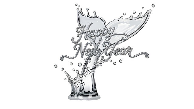 Sparkling water splash forms a whale tail shape with elegant silver script wishing happy new year