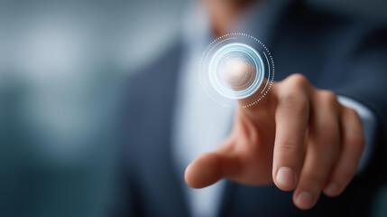 Faceless businessman touch screen programmer working with hologram checking data, virtual interface interaction, digital information review, futuristic technology use, defocused pe