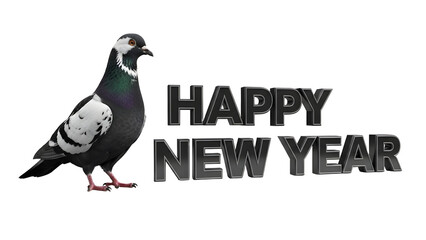 Pigeon standing beside bold metallic three dimensional text wishing happy new year on black