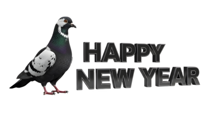 Pigeon standing beside bold metallic three dimensional text wishing happy new year on black