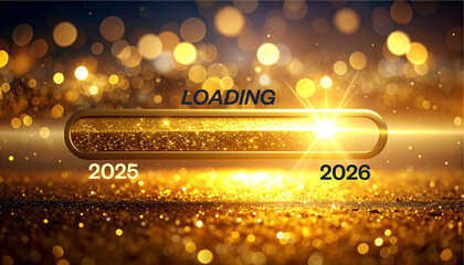 Golden loading bar transitions from 2025 to 2026 with sparkling lights and golden Christmas background. 