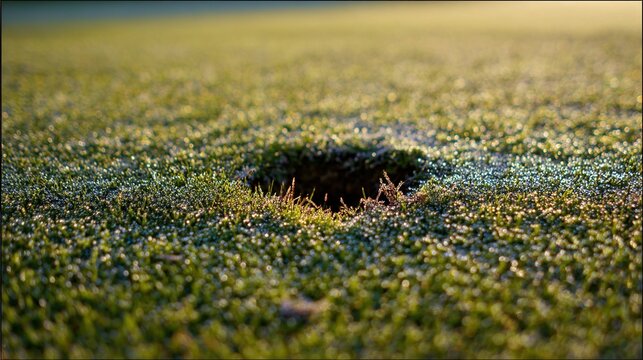 tennessine. Fresh divot mark on golf course turf with upturned grass and morning dew. real-estate listings, architecture portfolios, designed for interior renovation comparisons for interiors.