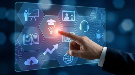 A businessman interacts with a futuristic digital interface for education and technology, learning and professional development.