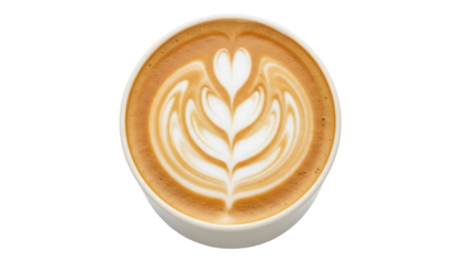 Isolated cup of latte with beautiful latte art design, coffee drink with foamed milk on top