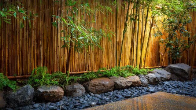 Bamboo Fence with River Rock Border and Green Plants under Bright Sunlight in Warm Tones