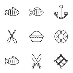 Nautical and fishing related line icons set featuring fish anchor oars pie and safety ring