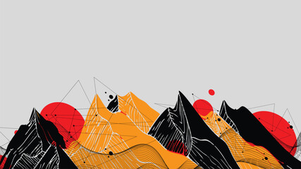 geometric mountain landscape rendered in striking shades of black and orange, Modern science art elements. composition with wireframe art elements Vector science elements