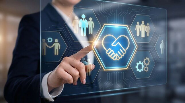 A businessman interacts with a futuristic digital interface displaying partnership and collaboration symbols, conveying a sense of innovative teamwork and strategic planning - Powered by Adobe