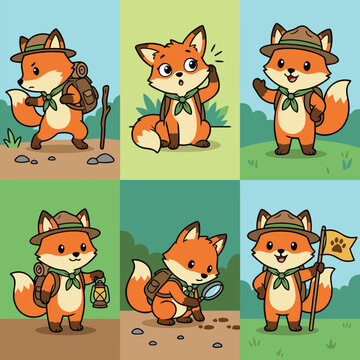 Cute cartoon fox scout characters in various outdoor activities.