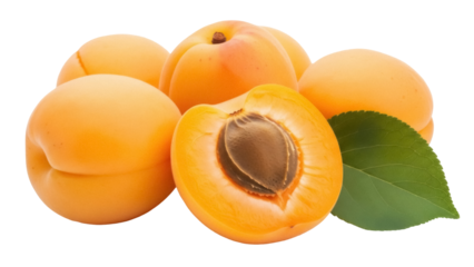 Isolated Apricots, fresh sweet fruits, juicy half fruit with pit and leaf, healthy eating