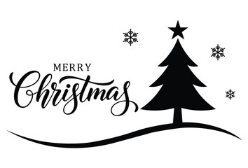 Fototapeta premium Minimal black and white Merry Christmas illustration with silhouette Christmas tree, star and snowflakes, elegant calligraphy text on white background, perfect for festive greeting cards, invitations 