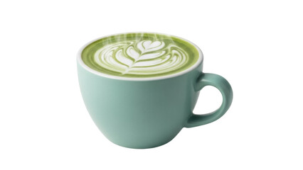 Isolated aromatic matcha tea latte in a pastel green mug with leaf art on top closeup