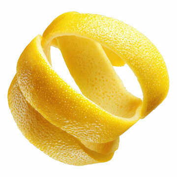 Fresh lemon peel twist spiral garnish, realistic close-up isolated on transparent background.