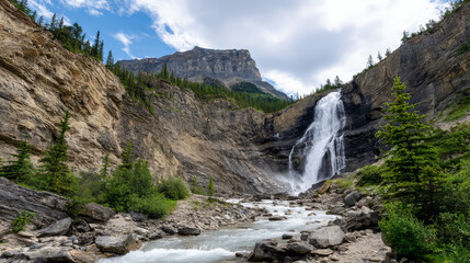 Mountain view above clouds flowers and blooming bushes at sunset sunbeams. Calm close-up beautiful landscape, screensaver background, Beautiful panorama. Summer vacation, holiday, amazing nature.