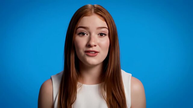 Young woman with red hair enthusiastically sharing an important message on a bright blue background