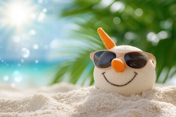 Cheerful sand snowman with sunglasses on a tropical beach
