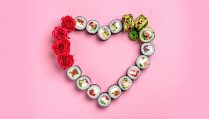 Obraz premium Heart shaped sushi rolls and red roses arranged on a pink background for a romantic meal.