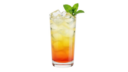 Isolated tall glass of colorful cold cocktail with ice and mint garnish for refreshment