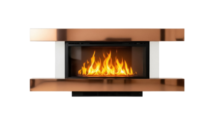 Isolated mantel fireplace with flames, copper frame, luxurious, modern home appliance, cozy