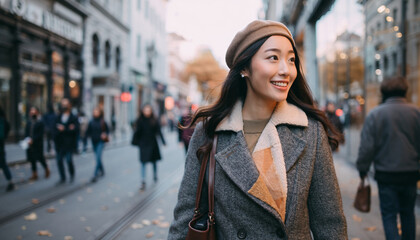 Fototapeta premium 寒い天候の中で屋外で微笑むアジア人女性