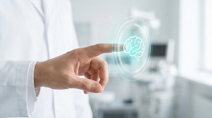 Doctor hand touching brain hologram interface for digital health technology.