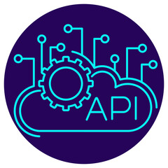 Obraz premium Intelligent API Icon. Minimalistic neon outline on a dark blue round background. Vector illustration of an API key within a cloud, connected to a processing gear and circuit