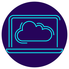 Cloud Computing Icon. Minimalistic neon outline on a dark blue round background. Vector illustration of a cloud symbol displayed on a laptop screen, representing remote access, cloud storage, SaaS