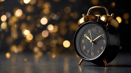 Retro-style alarm clock, black/gold, on a reflective surface, bokeh background