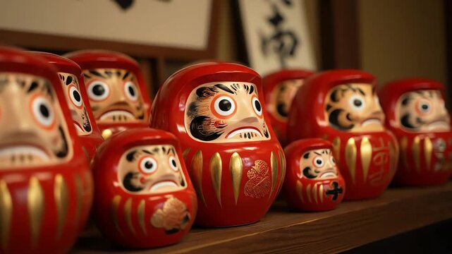 Row of traditional red daruma dolls arranged on a wooden shelf in a shop