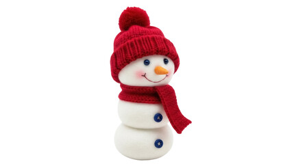 Isolated snowman with red hat and scarf on light background, cute, cheerful holiday character
